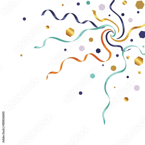 Colorful confetti explosion with swirling ribbons and hexagons. Vector background for party, festival, and new year celebration design. Abstract festive decoration.