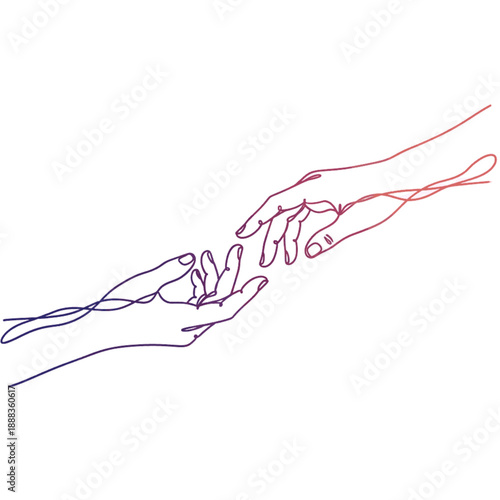 Continuous line drawing of two hands reaching out to touch. Gradient color vector illustration of connection and longing. Minimalist linear art sketch.