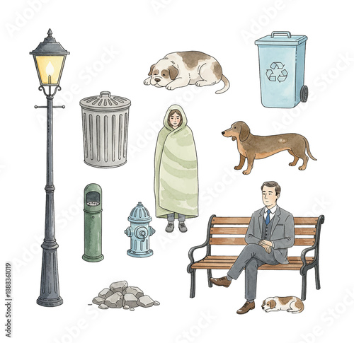 Collection of urban street elements including a man on a bench two dogs a lamppost and trash bins watercolor illustration
