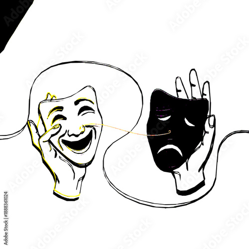 Hand Drawn Vector Illustration of Hands Holding Comedy and Tragedy Masks Connected by Thread, Symbolizing Bipolar Disorder, Theater Drama, Emotional Duality, and Acting Performance Art