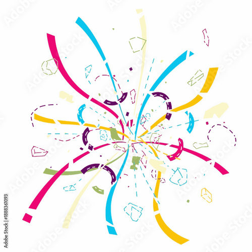 Vibrant Explosion of Colorful Confetti and Streamers on White Background, Dynamic Party Blast Vector Illustration for Celebration, Birthday, Grand Opening, Carnival, and Joyful Event Invitation Art