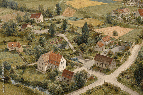 Wallpaper Mural Rural Village Landscape With Houses Fields And Country Roads Torontodigital.ca