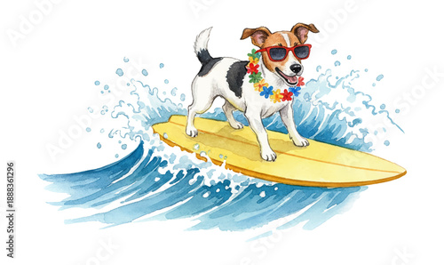Joyful Jack Russell Dog Surfing on a Yellow Board with Sunglasses and a Hawaiian Flower Lei