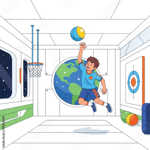 Boy playing basketball in space station.