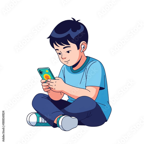 Boy sitting with mobile phone.