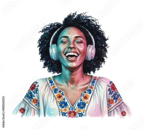 Vibrant Black Woman with Curly Hair and Headphones Joyfully Laughing While Immersed in Music