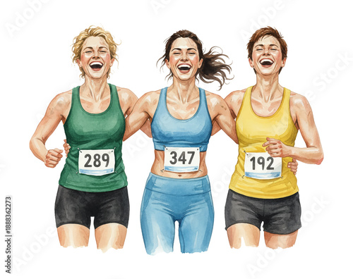 Three cheerful Caucasian women runners embracing laughing together celebrating friendship and success during a race