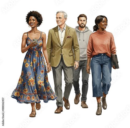 A diverse group of smiling people walking forward happy African American woman holding a phone Caucasian man