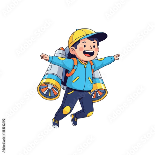 Happy child wearing jetpack smiling.