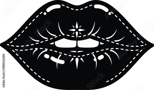 Black gothic lips with decorative stitching vector illustration bold tattoo style beauty fashion graphic icon isolated design