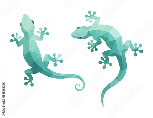Two teal polygonal geckos with geometric facets in a modern illustration style isolated on a white background