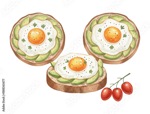 Three delicious avocado toasts with fried eggs and fresh tomatoes vibrant watercolor illustration