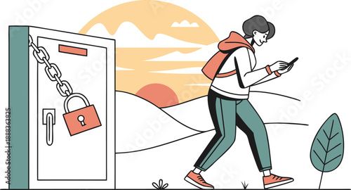 Digital Escape: A person walks away from a chained and locked door, looking at a mobile phone in a vibrant, artistic illustration.