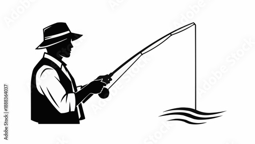 Silhouette of a fisherman casting a line into the water.