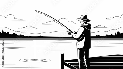 Man fishing from a wooden dock on a calm lake.