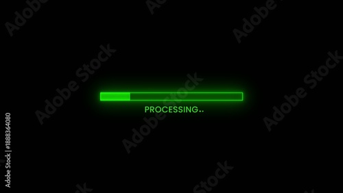 Vibrant green neon loading bar with the text PROCESING in the middle set against a deep black backdrop signifying digital operations Generate title without using the word 