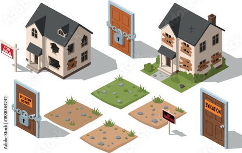 Isometric Foreclosure Eviction and Abandoned House Icons