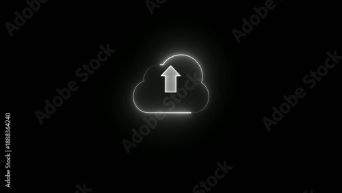 White neon cloud with an upward arrow, emitting a bright glow on a dark black background, symbolizing cloud computing, data upload, and Generate title without using the word 