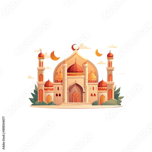 Vector illustration of a Taj Mahal mosque landmark featuring a majestic dome and architecture design for travel and culture icons