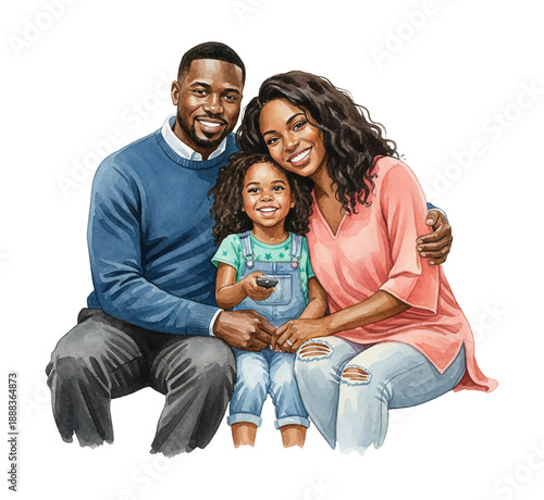 African American family smiling happily together with parents embracing their joyful child holding a remote control