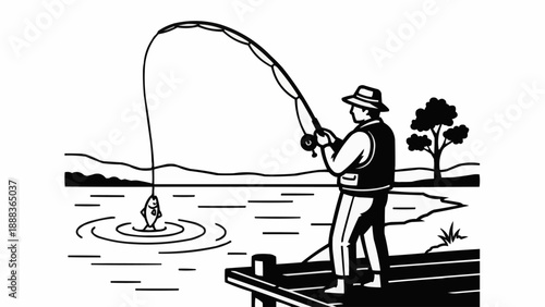 Man fishing from a dock with a fish on the line.