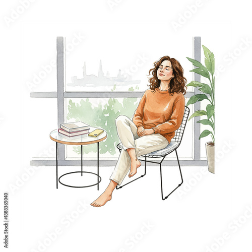 Caucasian woman sitting relaxed with eyes closed smiling peacefully barefoot by window with books and phone