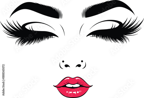 Stylized female face with dramatic eyelashes bold eyebrows red lips isolated on white beauty makeup cosmetic fashion vector illustration