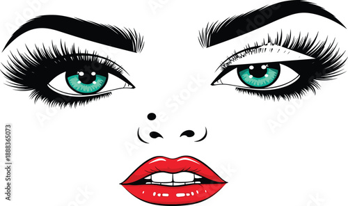 Stylized female face with turquoise eyes bold eyebrows long eyelashes red lips isolated beauty makeup cosmetic vector illustration
