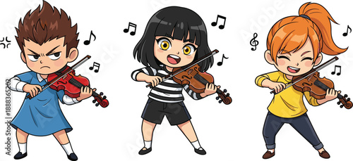 Adorable cartoon children playing violins together, cheerful music performance illustration featuring diverse kids, string instruments, creativity, education, orchestra concept on white background