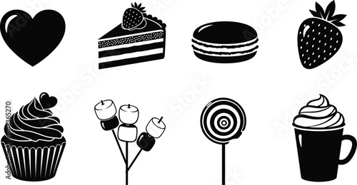 Black and white dessert icons set featuring cake cupcake macaron strawberry candy lollipop marshmallow hot drink sweets flat silhouette vector design collection style