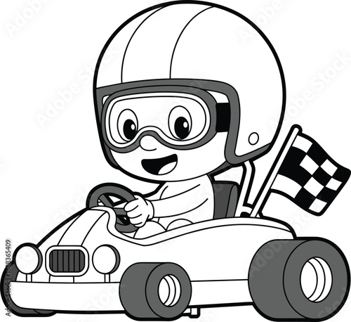 Cute cartoon kid driving go kart with helmet and racing flag, fun children motorsport illustration, playful character design, black and white vector style