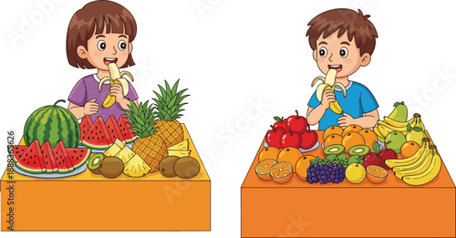 Cute kids eating fresh fruits at market tables, healthy nutrition concept, happy boy and girl enjoying bananas, colorful food illustration isolated on white