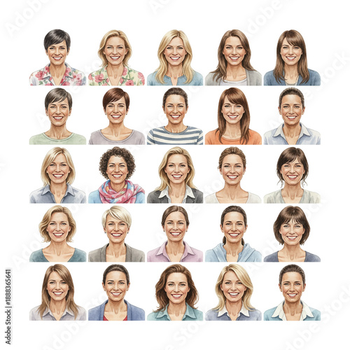 Watercolor illustration of happy diverse women smiling cheerfully from various age groups and backgrounds
