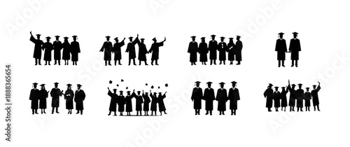 College graduates in caps and gowns celebrating success in various joyful poses black silhouettes