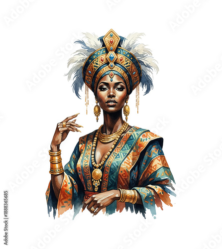 Regal African Black Woman Posing in Ornate Traditional Attire with Headdress and Gold Jewelry Looking Confident