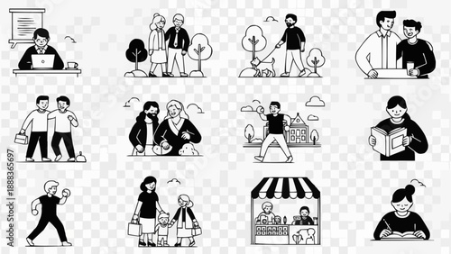 Collection of hand-drawn people in various daily activities and professions.