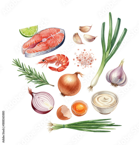 A collection of fresh watercolor painted culinary ingredients for cooking and healthy eating