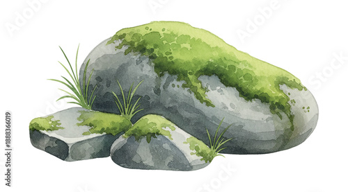 Three gray stones covered with vibrant green moss and delicate blades of grass a watercolor illustration