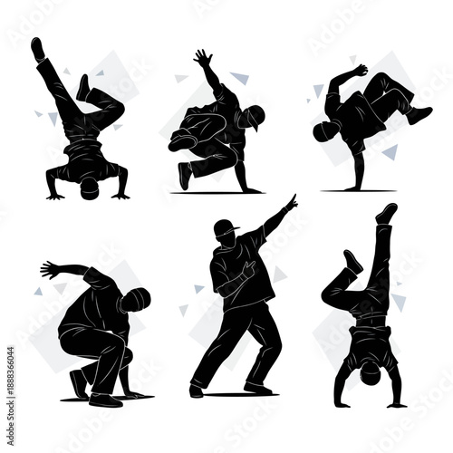 Set of Dynamic Breakdance Silhouettes: B-Boy Street Dancers Performing Power Moves and Freezes Vector Illustration