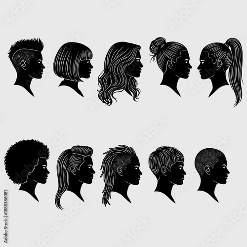 Collection of 10 Diverse Female Hairstyles Profile Silhouettes and Haircuts