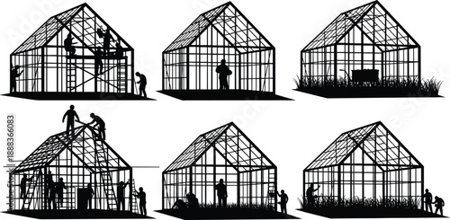 Greenhouse construction silhouettes showing building process stages with workers assembling structure, teamwork in agriculture development, farming infrastructure concept, sustainable gardening 