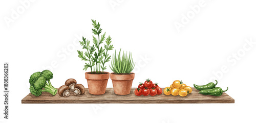 Freshly Harvested Vegetables and Potted Herbs Neatly Arranged on a Wooden Shelf Watercolor Illustration