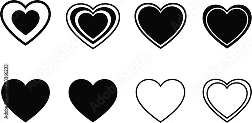 Heart icon silhouettes collection in different styles, love symbol set, black and white vector shapes for Valentine, wedding, romance and graphic design use