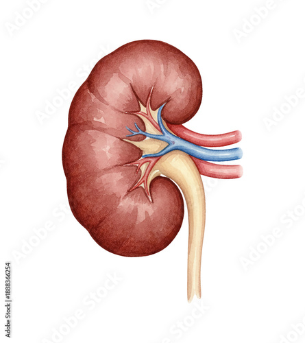 Human kidney detailed medical illustration showcasing internal structures blood vessels and ureter