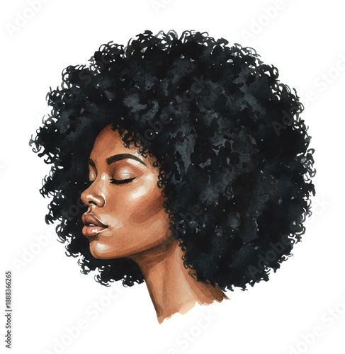 Serene Black Woman with Voluminous Natural Curly Hair Closed Eyes Peaceful Expression Profile View Illustration