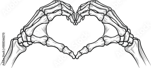 Human skeleton hands forming heart shape illustration, anatomical bone love symbol concept, black and white line art drawing isolated on white background