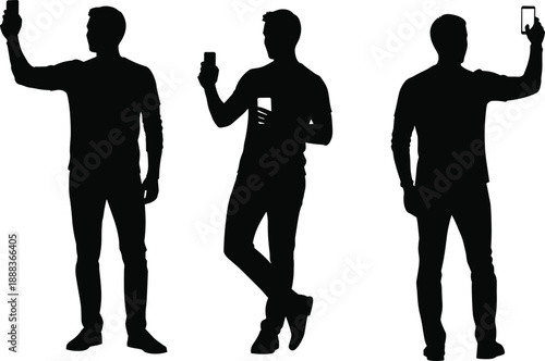 Male smartphone silhouette set showing men taking selfies using mobile phones isolated on white background modern technology social media lifestyle concept illustration vector