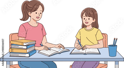 Mother helping daughter study at home, homeschooling and tutoring concept, parent and child learning together, warm family education scene, clean vector illustration