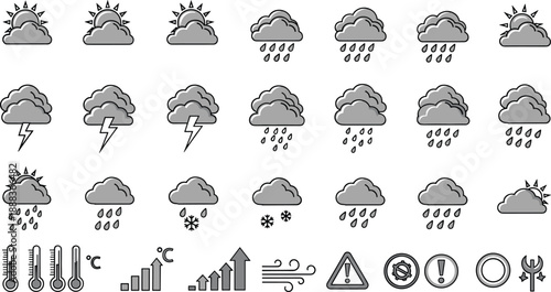 Weather forecast icon set with clouds rain snow lightning wind temperature symbols monochrome vector illustration for app interface design