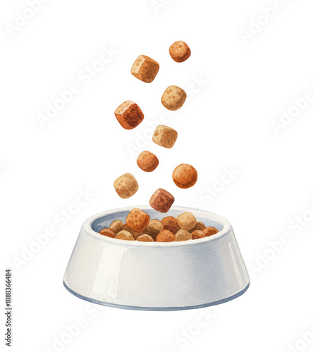 Pet food kibble falling into a white bowl a delicious meal for a beloved animal
